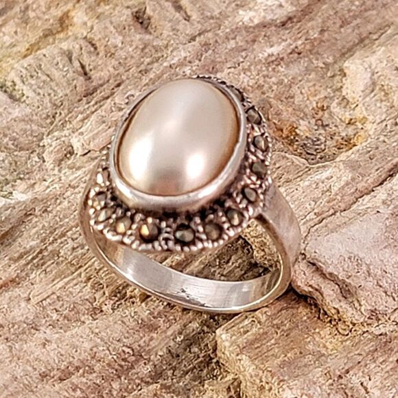 Sterling Oval Faux Pearl Cabochon Marcasite Bezel Ring - Picture 2 of 8